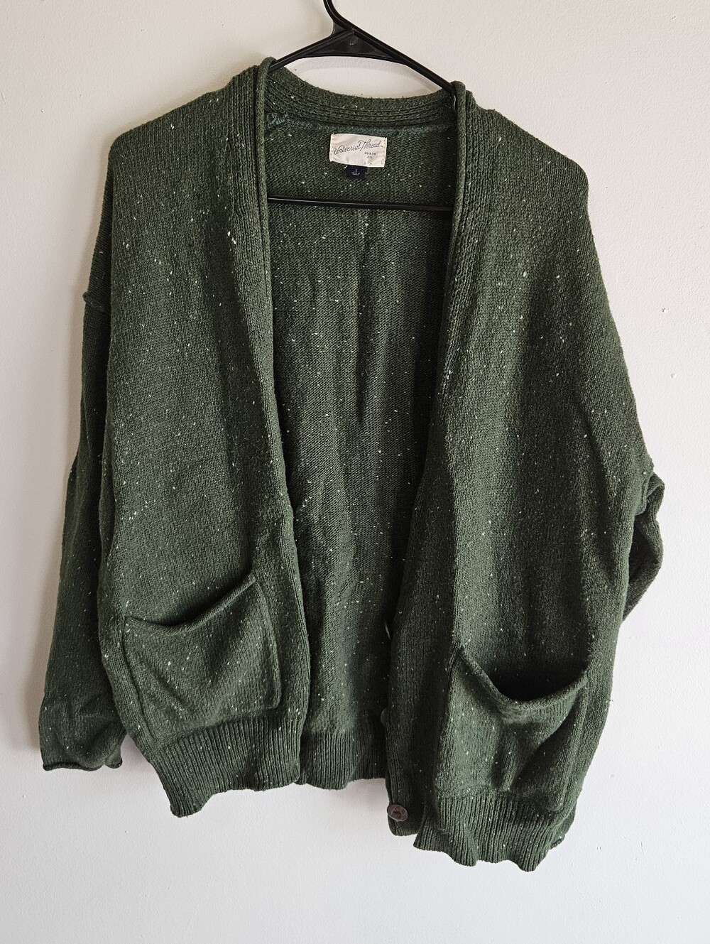 Universal Thread Olive Green Flecked Tweed Knit Cardigan Sweater Pocketed Large